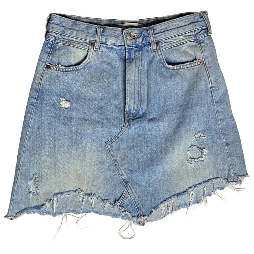 Zara Denim Mini Skirt Womens M 28 Distressed Raw Hem Y2K Festival Jean Skirt